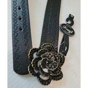 NWT FOSSIL Womens Black Leather Belt Sz Medium Black Rhinestones X & Os
